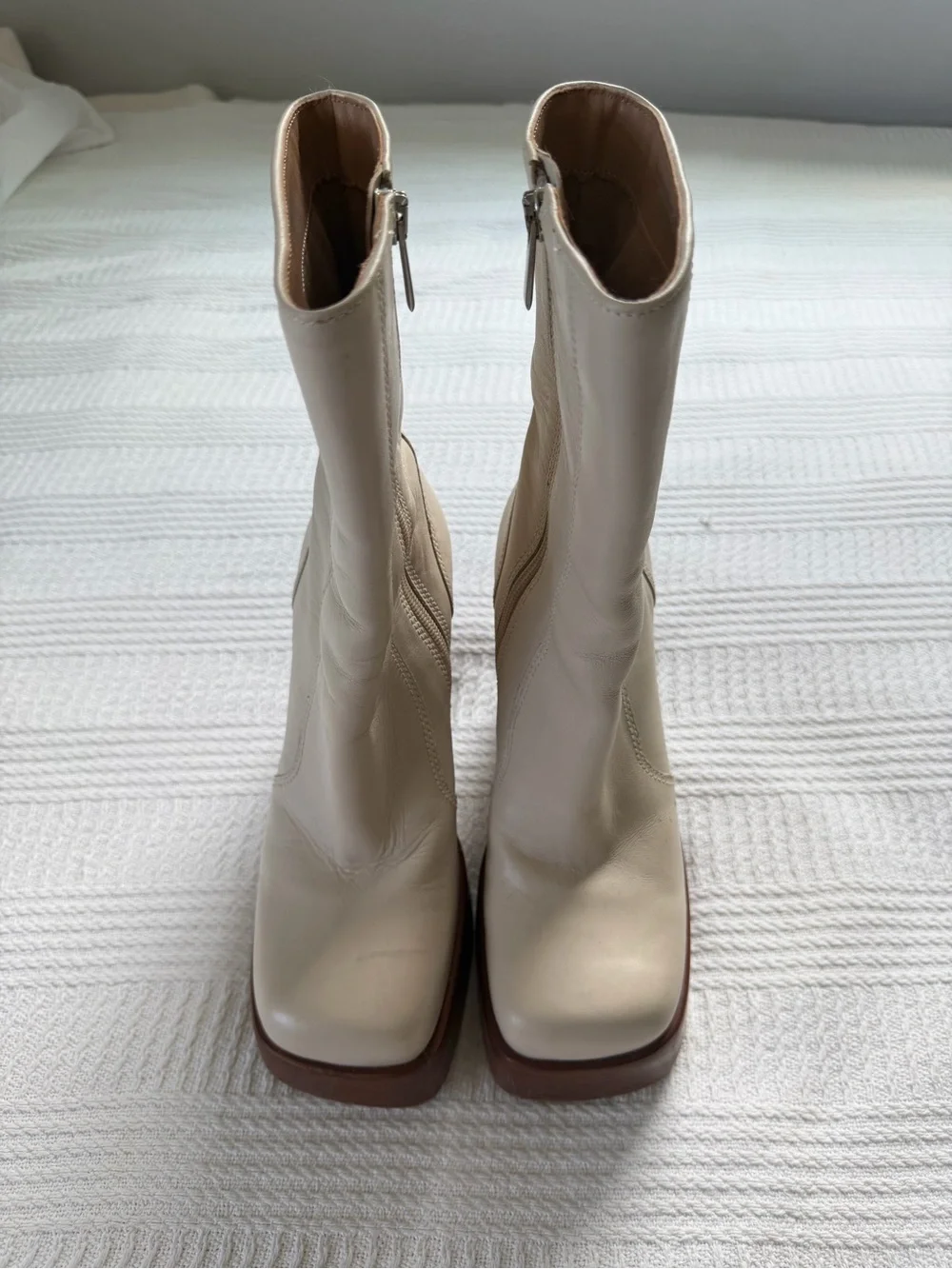 Steve Madden Cream Leather Platform Block Heel Ankle Boots
